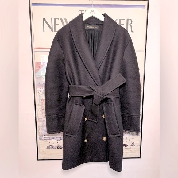 Balmain x H&M dark navy double breasted wool coat with gold buttons Size 4 - Picture 4 of 11